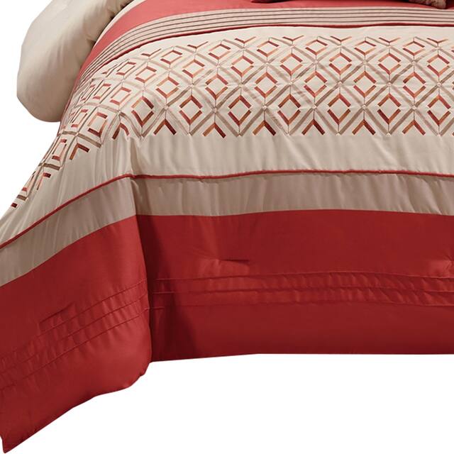 8 Piece Queen Polyester Comforter Set with Geometric Embroidery, Orange