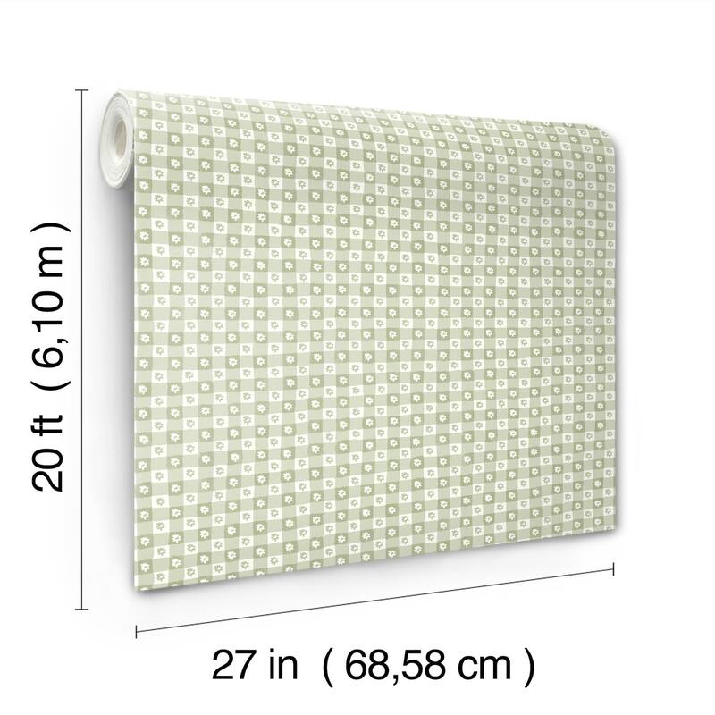 Rifle Paper Co. Daisy Gingham Green Floral Check Premium Peel + Stick Wallpaper
