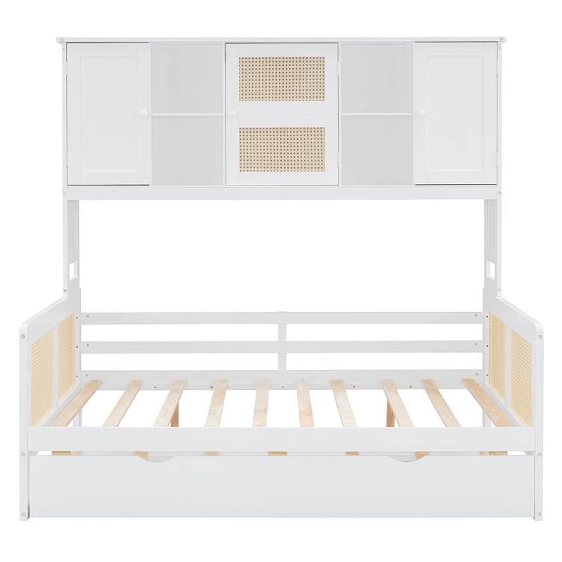 Full Size Wooden Daybed with Twin Size Trundle, All-in-One Cabinet & Shelf,Gray