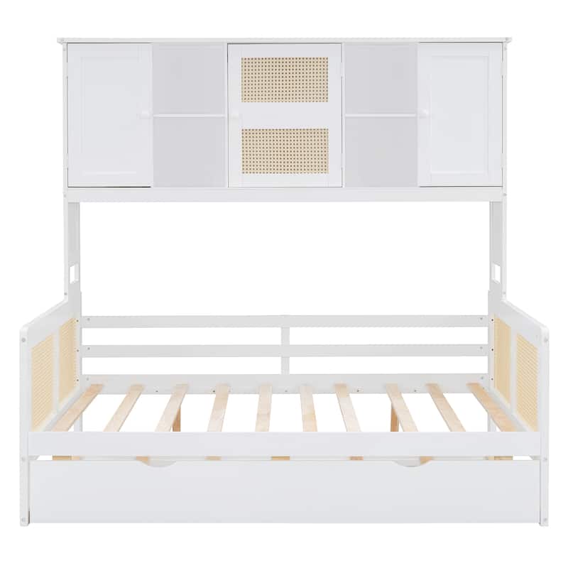 Full/Twin Size Wooden Daybed With Twin Size Trundle, All-in-One Cabinet and Shelf