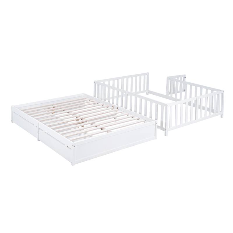 Wood Convertible Toddler Bed with Fence and 2 Drawers, Full, White On