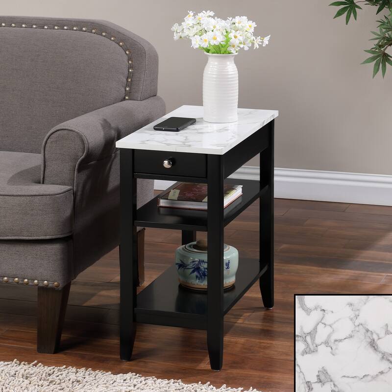 Convenience Concepts American Heritage 1 Drawer Chairside End Table with Shelves - White Faux Marble/Black