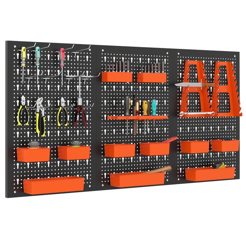 Gymax Pegboard Wall Organizer 9-Bin Parts Rack Organizer w/ Hammer - Part Storage - Orange