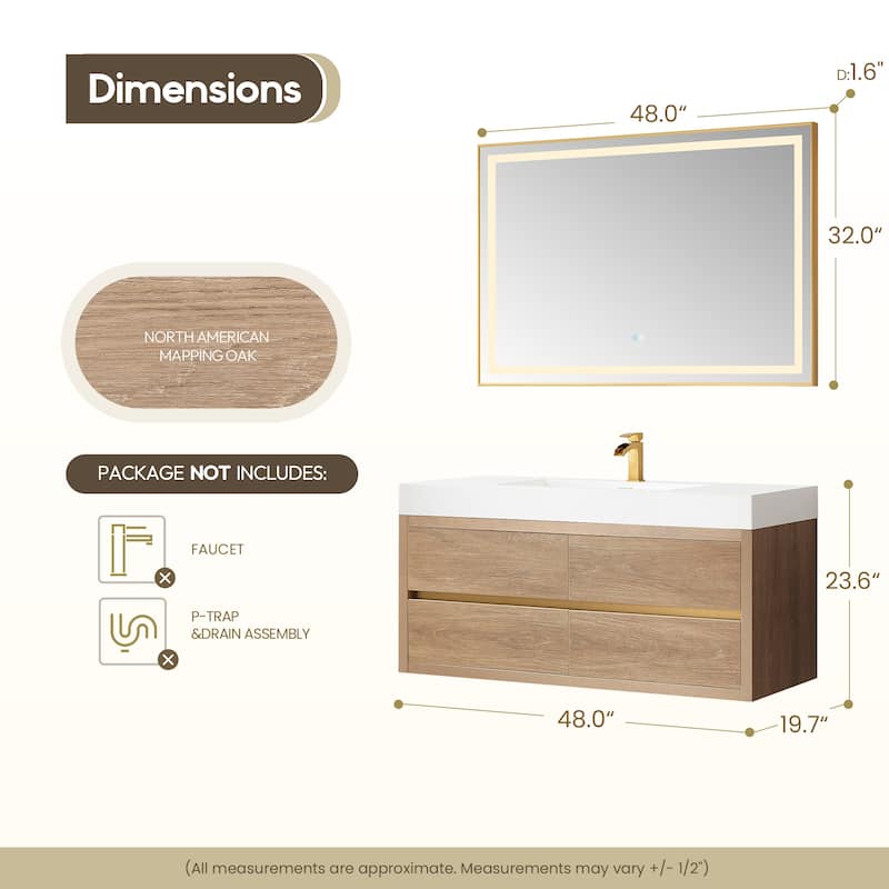 Palencia 48" Single Floating Vanity with White Sink Top and Mirror - 48in.
