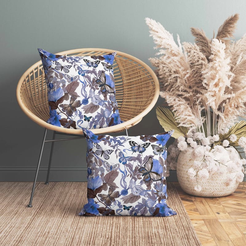 Butterfly Haven Indoor/Outdoor Reversible Throw Pillow Blue and Brown