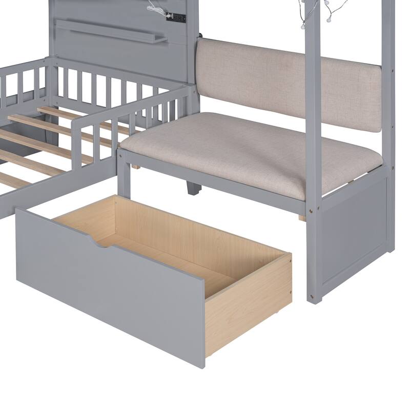 Twin Size House Bed with Upholstered Sofa, House Bed with Charging Station,Gray