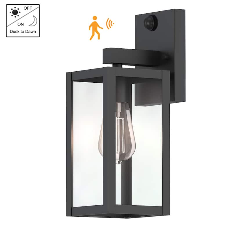 1-Light 14.02" Outdoor Wall Lights Motion Sensor Dusk to Dawn with Matte Black Finish and Clear Glass Shade