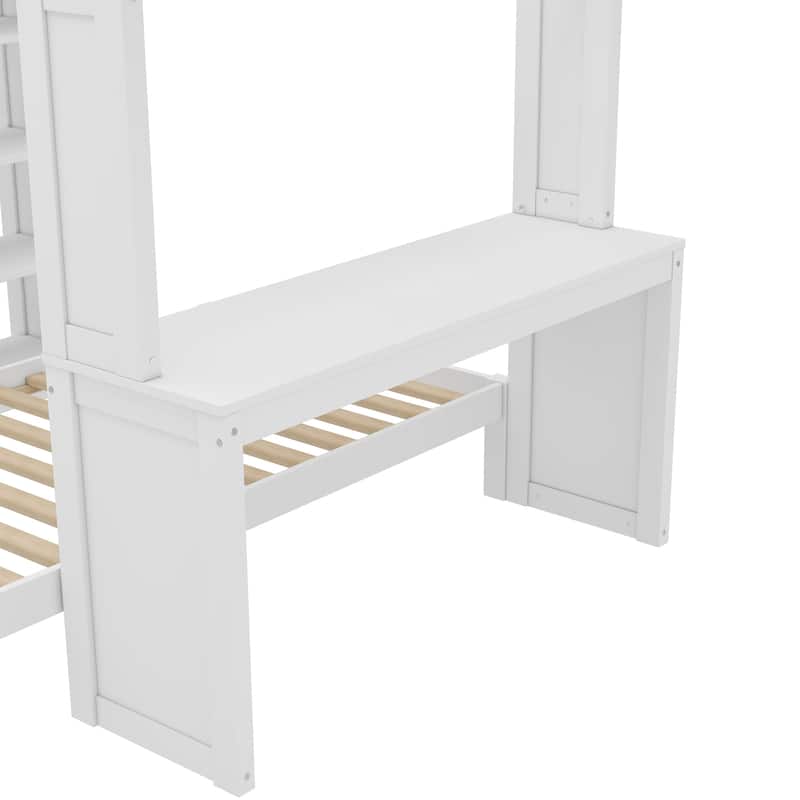 Queen Size Loft Bed & Twin Size Platform Bed Set, Wood Bunk Bed with Built-in Desk, Open Shelves and Wardrobe, Queen Over Twin