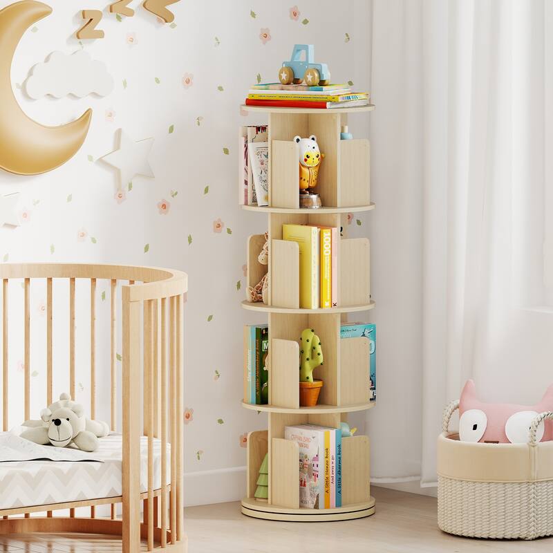 Narrow 4-Tier Rotating Storage Bookshelf with Swivel Display and Dividers for Home and Office - 15.5" x 15.5" x 50.5"