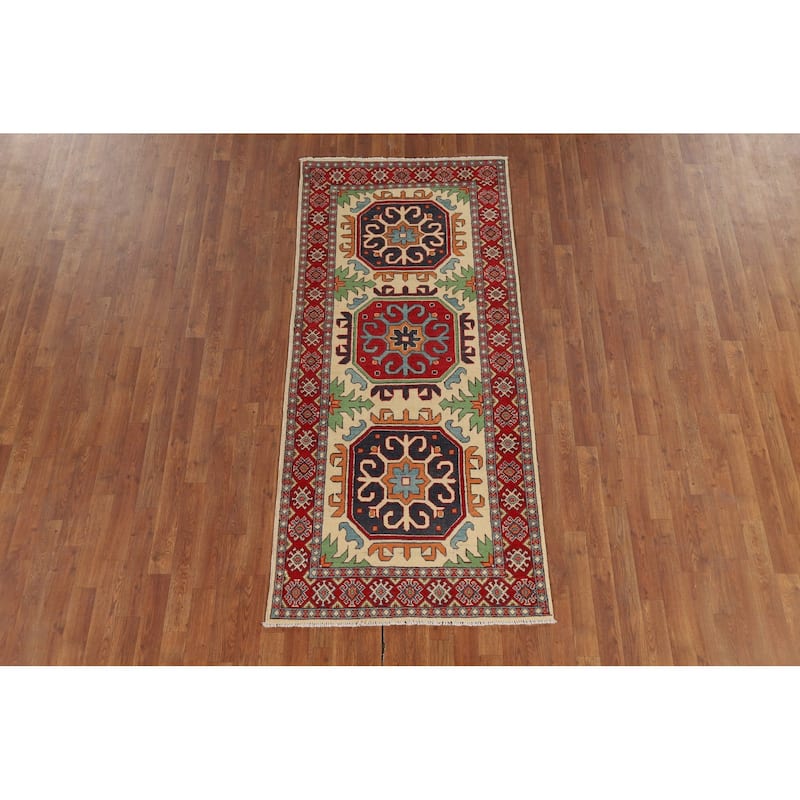 Geometric Kazak Runner Rug Hand-Knotted Wool Carpet - 3'3" x 7'2"