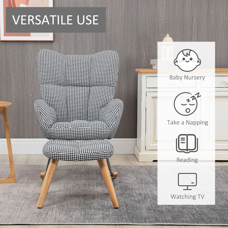 HOMCOM Glider Rocker with Ottoman Set, Houndstooth Nursery Rocking Chair, Upholstered Wingback Armchair
