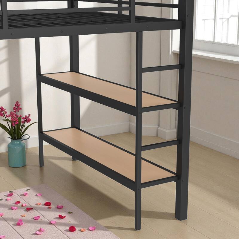 Full/Queen Size Metal Loft Bed with Wardrobe, Shelves & Pegboard, Space-Saving Bed Frame with Storage & Guardrails