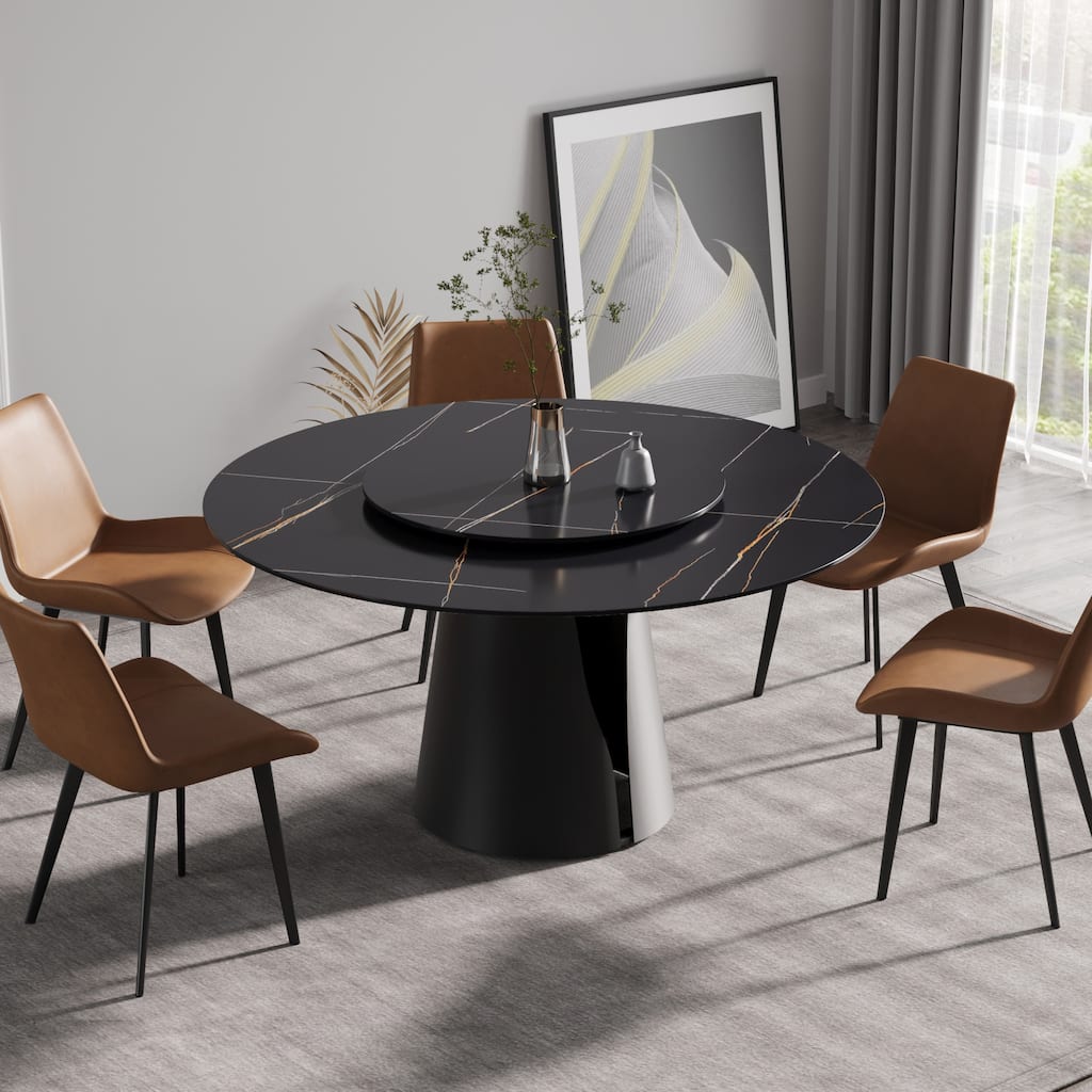 59.05"Modern artificial stone round carbon steel base dining table-can accommodate 6 people-31.5"black artificial stone