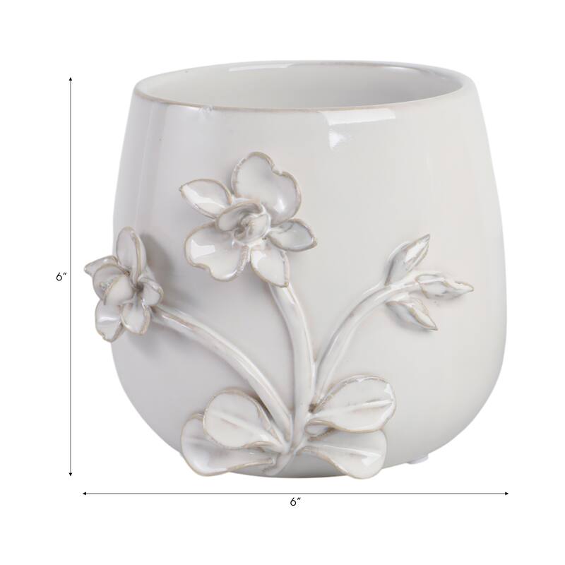 Decorative Ceramic Flower Planter with Flower Applique - Ivory