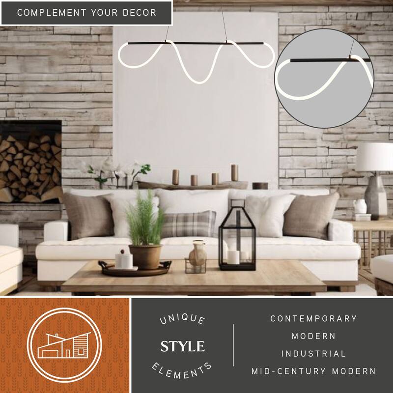Bowman 1L LED Matte Black Contemporary Linear Chandelier Island Pendant Light Fixture - 57.5-in W x 14.5-in H x 4.5-in D