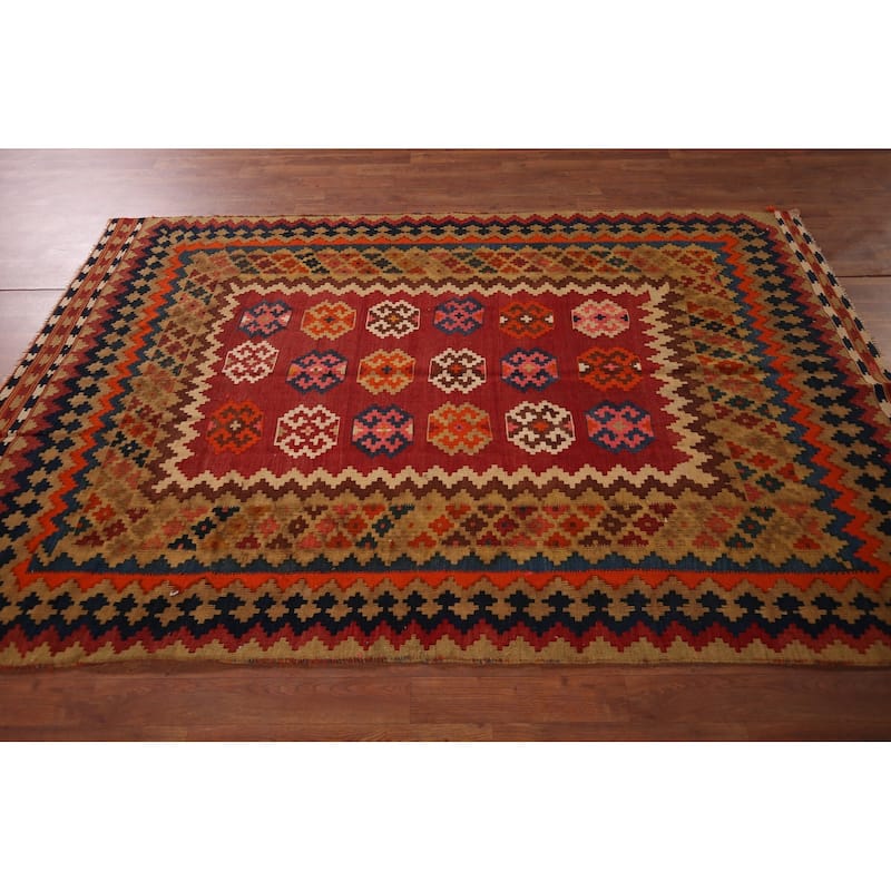 Kilim Qashqai Persian Vintage Area Rug Hand-Woven Tribal Wool Carpet - 5'3"x 7'9"