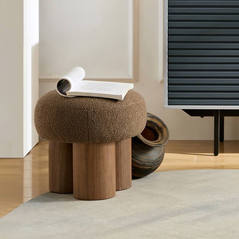 Modern Barrel Teddy Upholstered Mushroom Stool - Brown