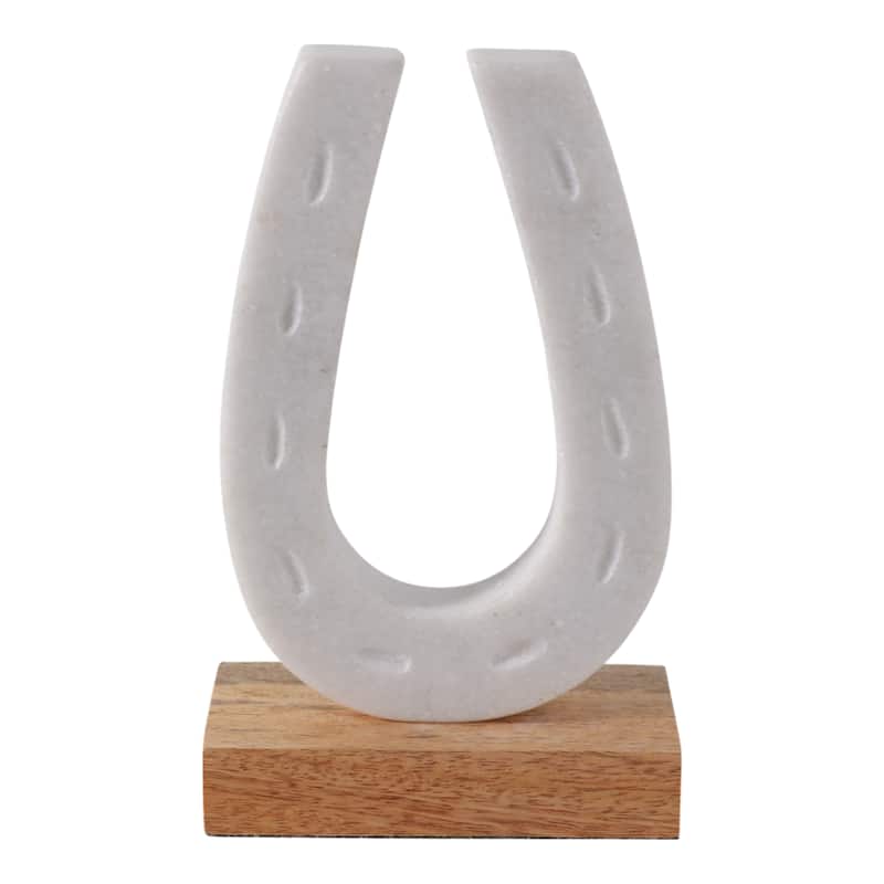 Marble Horseshoe Figurine with Wooden Base - 8", White & Brown - 8.25"