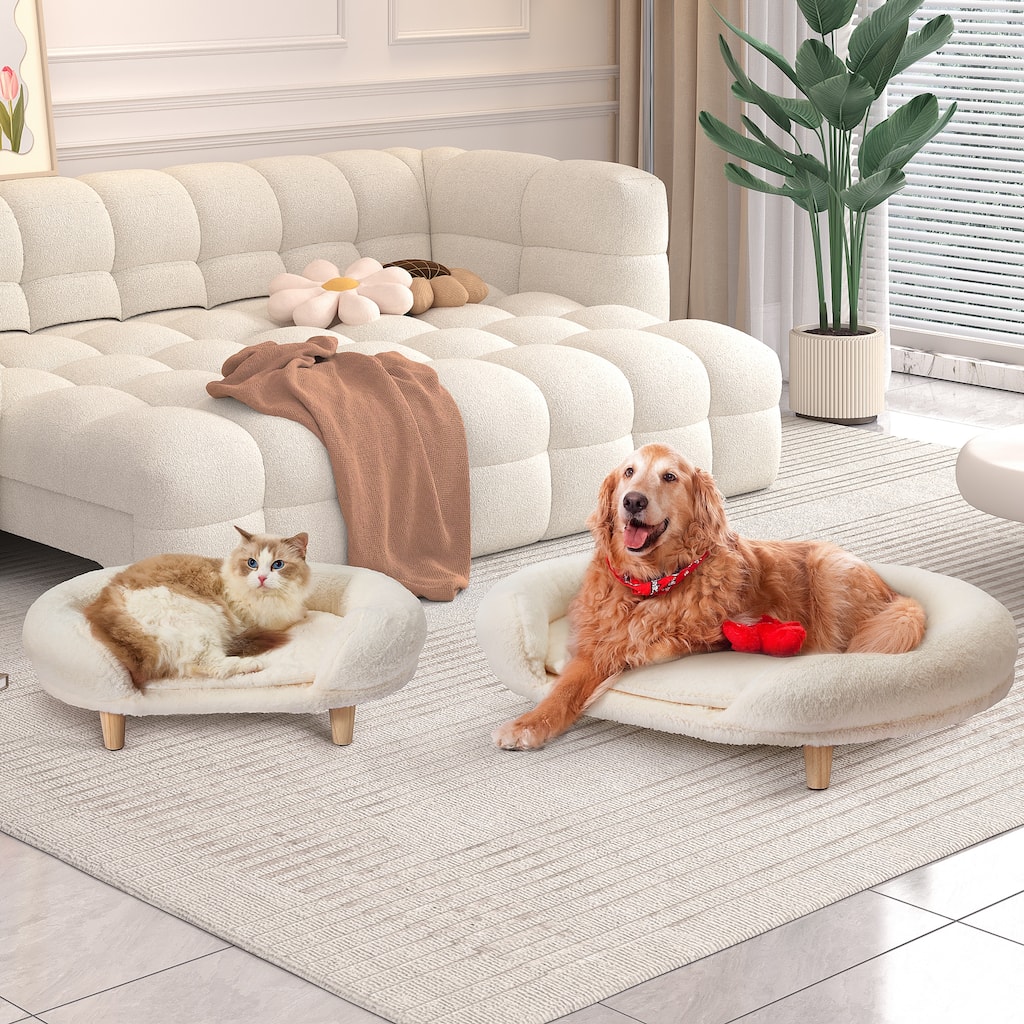 Pet Beds for Medium Dogs and Cats, Foam Sofa with Removable Plush Cover, Wooden Legs with Anti-Slip Pads