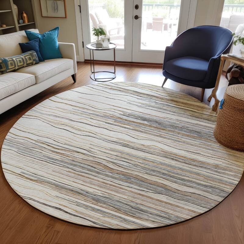 Machine Washable Indoor/ Outdoor Modern Stripe Chantille Rug - Ivory - 8' x 8'