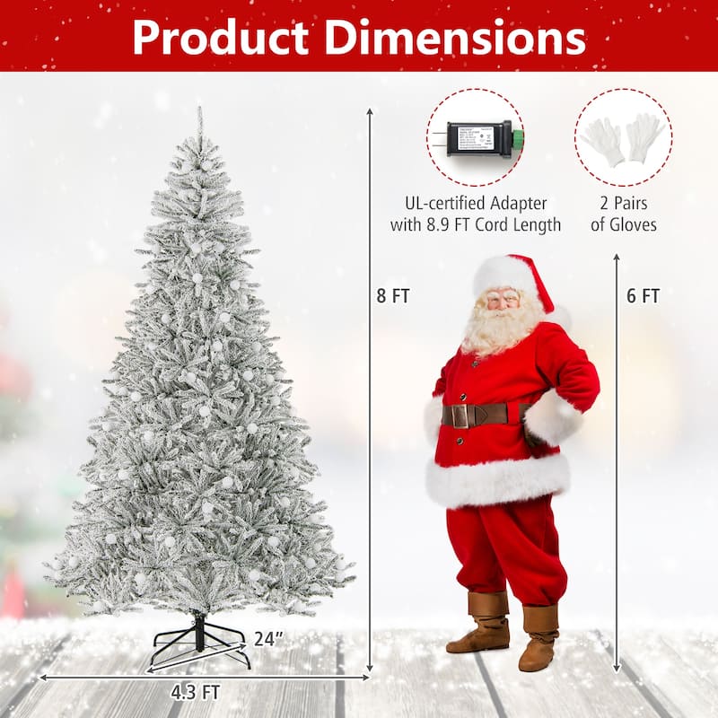 Gymax 6/7/8 FT Snow-flocked Artificial Christmas Tree w/51/65/81 - Green+White