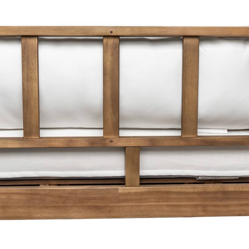 Scott Living Outdoor Acacia Wood Daybed with Canopy and Curtains, Washable Cushions and Detachable Pillows