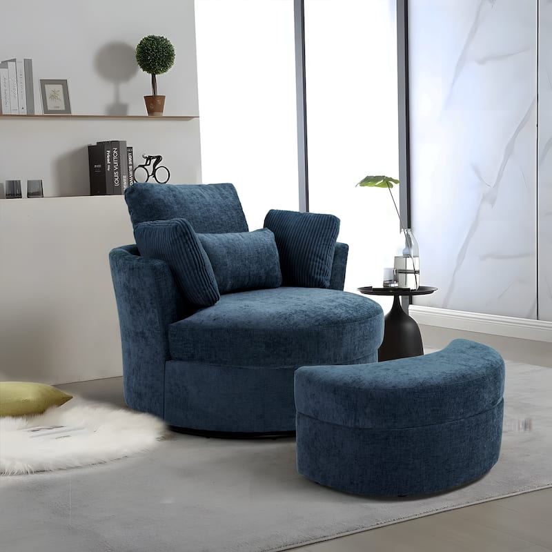 Chenille/Boucle Swivel Barrel Chair with Storage Ottoman