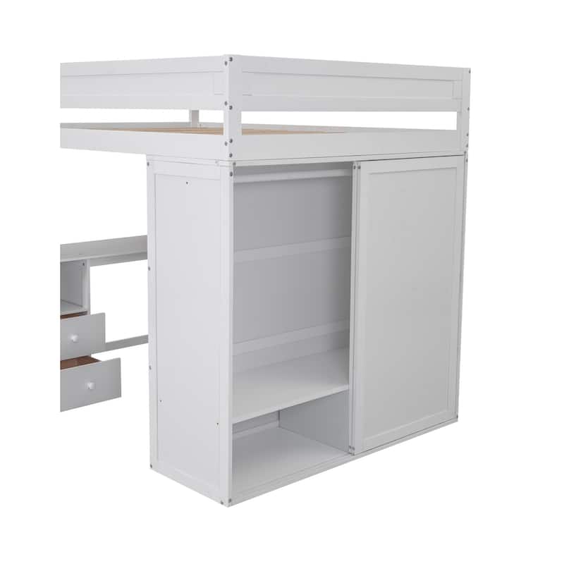 Full Pine Loft Bed with Wardrobes and Desk