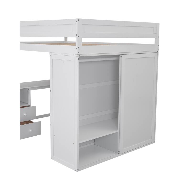 White Full Size Loft Bed with Wardrobe, Desk, and Storage Cabinet