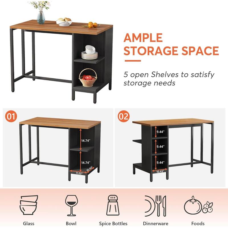 Freestanding Kitchen Walnut Top Island with 5 Open Shelves and Adjustable Feet Black Metal Frame - 43.3”L x 23.62”W x 35.43”H