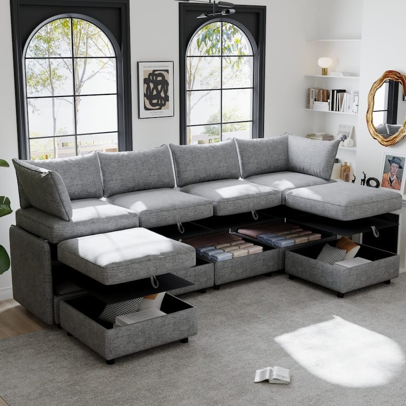 129" Chenille Sectional Sofa with Storage and Two Ottomans