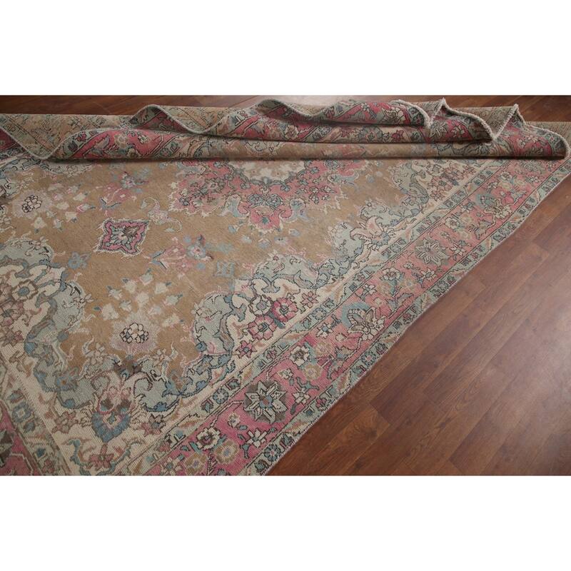 Brown Distressed Tabriz Persian Antique Rug Hand-knotted Wool Carpet - 6'2" x 9'8"