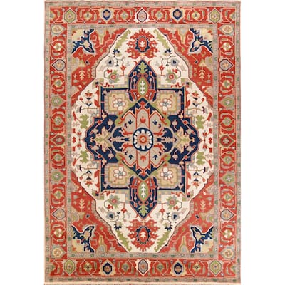 Hand Knotted Oriental 100% Wool Carpet Traditional Medallion Beige & Ivories Heriz (serapi) Area Rug - 13' 8'' X 9' 11''