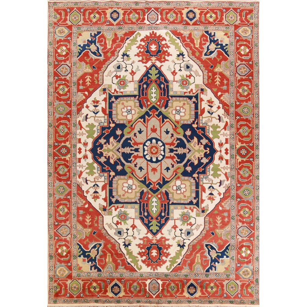 Hand Knotted Oriental 100% Wool Carpet Traditional Medallion Beige & Ivories Heriz (serapi) Area Rug - 13' 8'' X 9' 11''