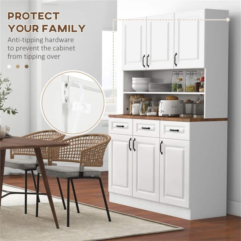 White Pantry Storage Cabinet with Adjustable Shelves and Open Counter for Microwave and Appliances - 47.25”L x 17”W x 70.75”H