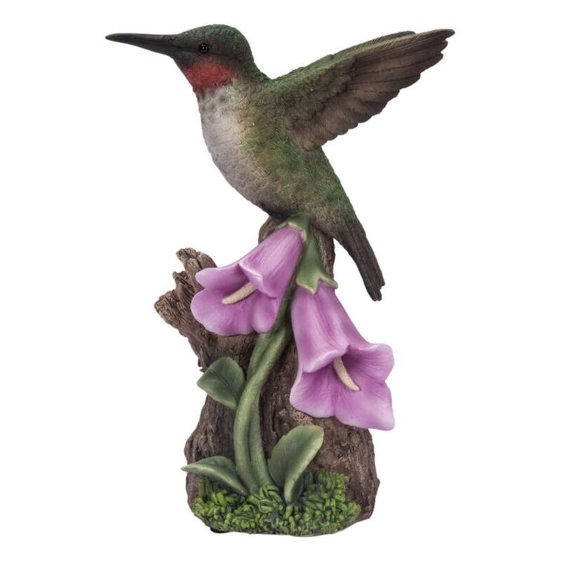6" Green Sound Activated Singing Hummingbird on Foxglove Garden Statue