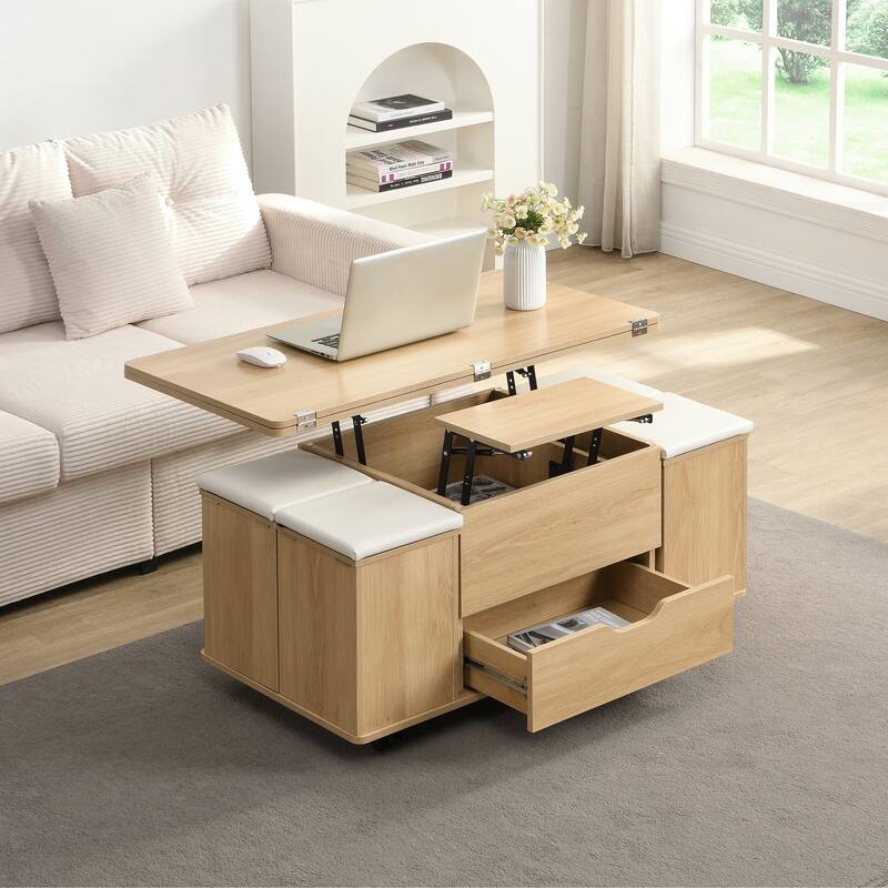 Christopher Knight Home - Calix Lift-Top MDF Coffee Table Set with 4 Stools and Smooth Locking Wheels - Natural