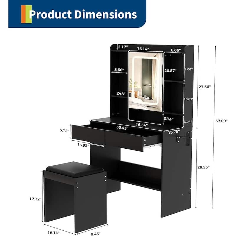 Vanity Desk with Mirror and Lights, USB Outlets for Bedroom