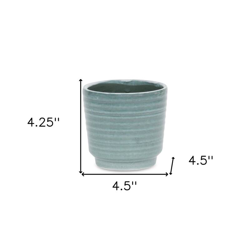 HomeRoots Green Ceramic 23 Ounce Striped Round Distressed Pot Planter - 4.50 in. x 4.25 in. x 4.50 in.