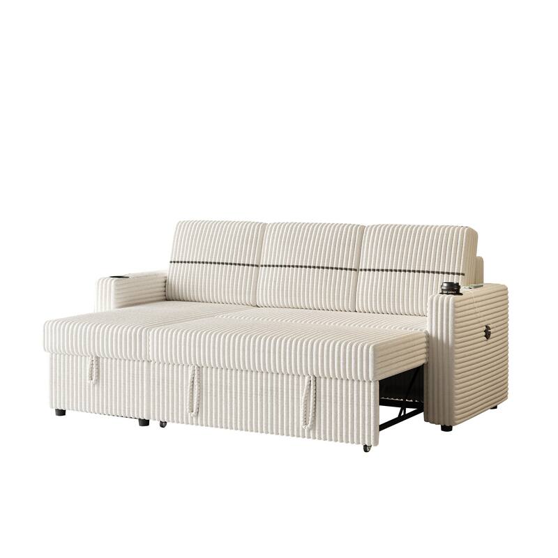 Pull-Out Sofa Bed with Storage Chaise, USB Port, and Cup Holders - 3-Seater Sleeper Couch