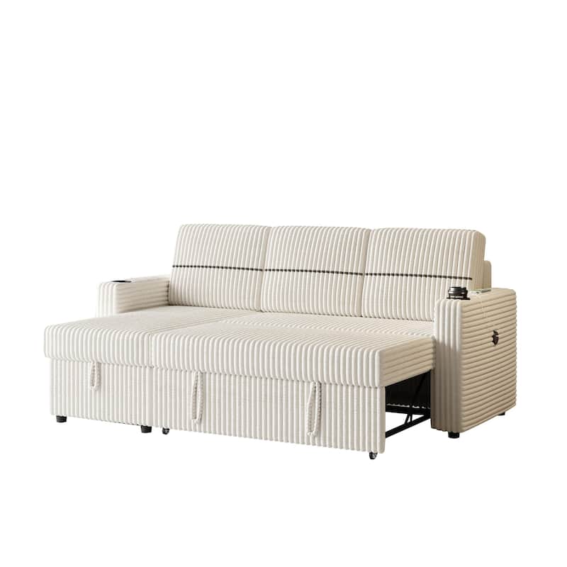 Corduroy 85" Sleeper Sofa Bed, 3-Seater with Storage Chaise, USB Port