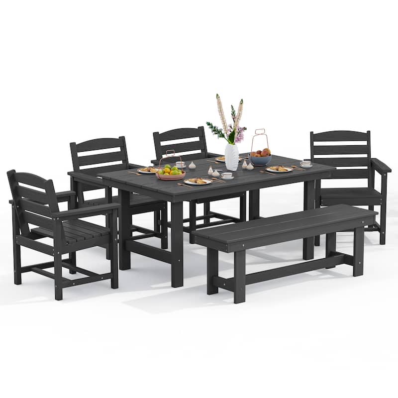 6-Piece HDPE Outdoor Dining Table Sets with Umbrella Hole - 1-Table 4-Chairs-1-Bench - Grey
