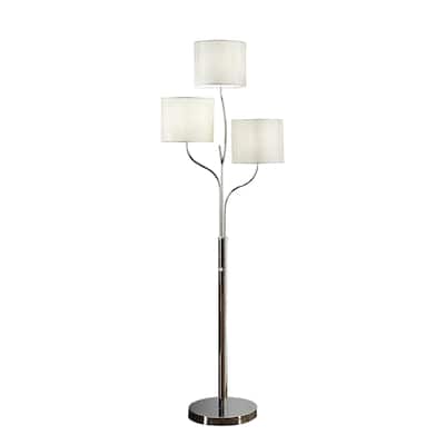 Indi 60 Inch Floor Lamp, 3 Drum Fabric Shade, Round Metal Base, Silver