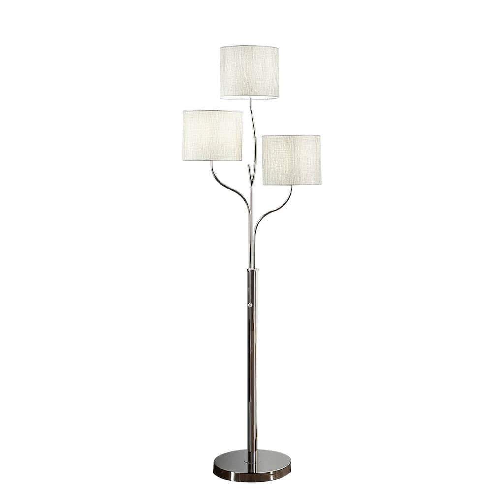 Indi 60 Inch Floor Lamp, 3 Drum Fabric Shade, Round Metal Base, Silver