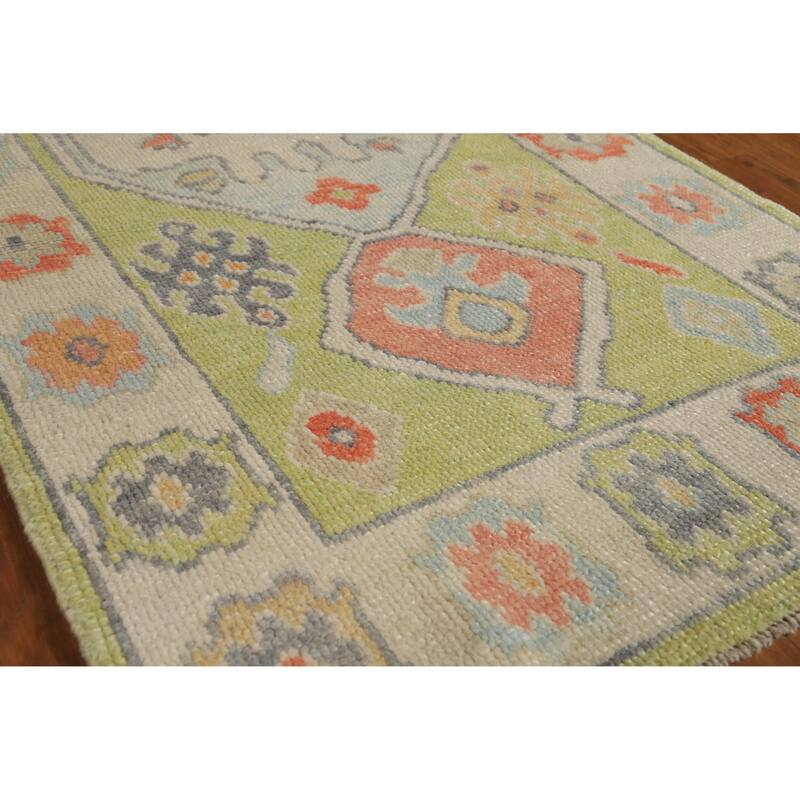 Hand Knotted Oriental 100% Wool Carpet Transitional Geometric Green Oushak Runner Rug - 8' 3'' X 3' 1''