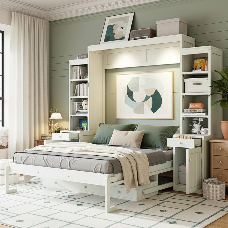 Queen Murphy Bed Cabinet with Fold-Down Desk, Power Hub & Mega Storage System by Harper&Bright Designs - White