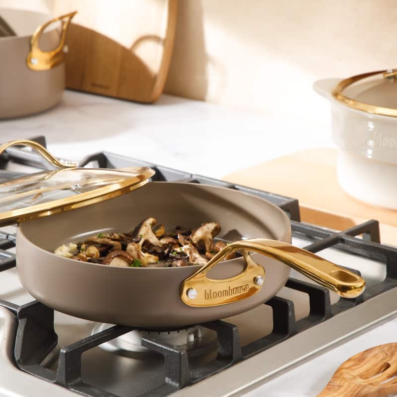 Bloomhouse Pots and Pans Heavy Duty Aluminum Premium PFA Free Ceramic Nonstick - Cappucino Cream with Gold Handle