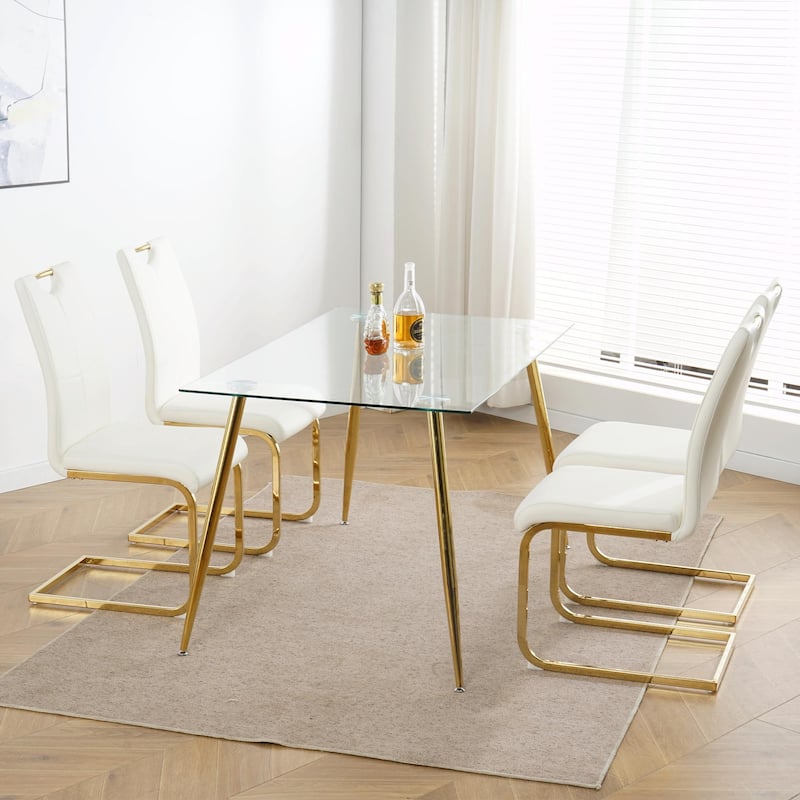 Modern Dining Chair Set - Faux Leather Padded Seats, Gold/Silver Metal Legs