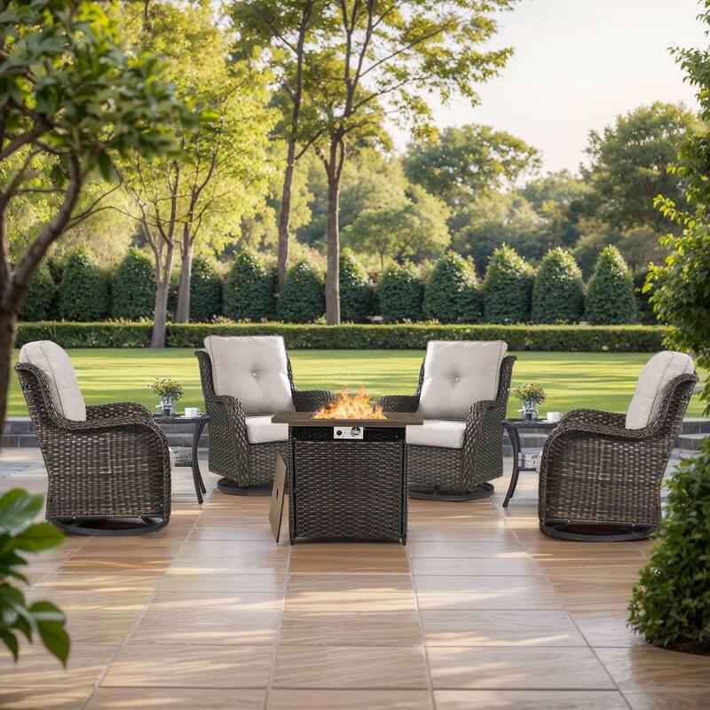 Gymojoy 7-Piece Outdoor Fire Pit Conversation Set with 4 Swivel Chairs & 2 Side Tables - Brown Wicker / Beige Cusion - 7-Piece