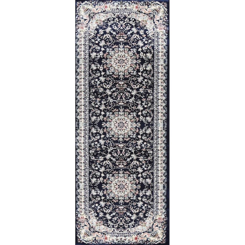 Navy Blue Floral Medallion Transitional Turkish Rug Oriental Carpet - 2'7" x 7'10" - Navy Blue